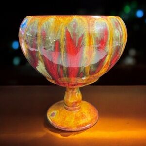 Midcentury Antique Drip Glazed Flame Pedestal Planter Bowl or Handmade Pottery